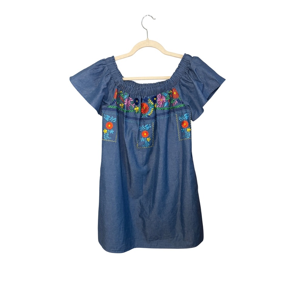 L Love Dress S Blue Floral Embroidered Denim Chambray Boho Off Shoulder